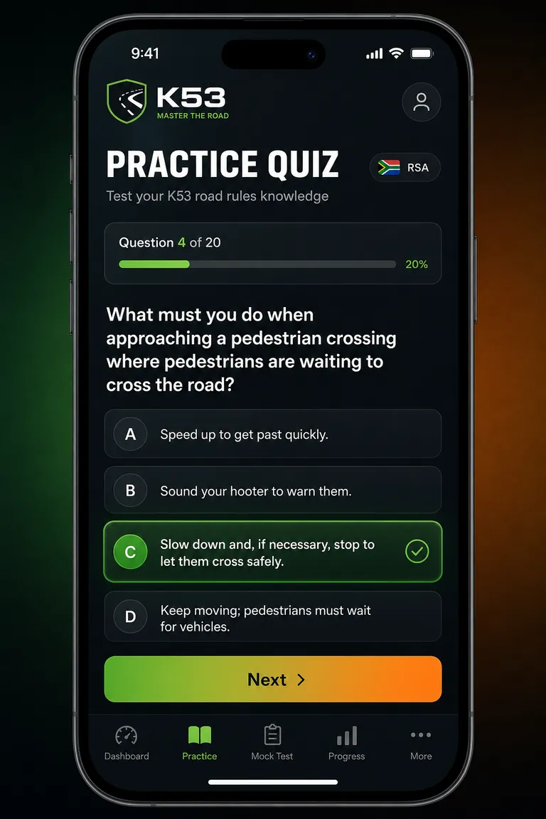 Efficient K53 practice quiz screen with a multiple-choice road rules question and progress bar